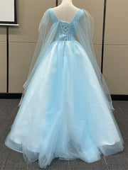 Light Blue Tulle with Gold Lace Applique Party Dress, Light Blue Prom Dress