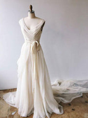 Light champagne chiffon long prom dress, chiffon evening dress