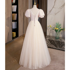 Light Champagne Tulle with Light Pink Satin Prom Dress, A-line Long Formal Dress