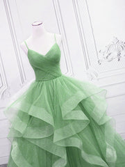 Light Green Layers Tulle Straps Long Formal Dress, Light Green Sweet 16 Gown