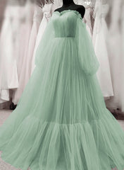 Light Green Puffy Sleeves Tulle Long Party Dress Green Evening Dress prom dresses shops