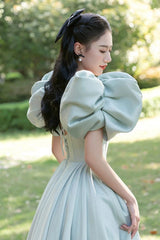 Light Green Satin Long A-Line Princess Dress, Cute Short Puff Sleeves Evening Party Dress