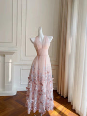 Light Pink A Line Halter Butterfly Appliques Tulle Prom Dress Evening Dress