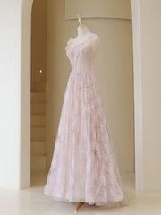 Light Pink Round Neckline Lace Long Prom Dress, A-line Pink Floor Length Party Dress