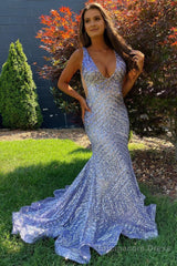 Light Purple Deep V Neck Sequin Mermaid Prom Dress