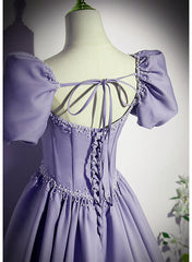 Light Purple Satin Short Sleeves Beaded Party Dress, A-line Long Prom Dress