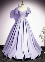 Light Purple Satin Short Sleeves Beaded Party Dress, A-line Long Prom Dress