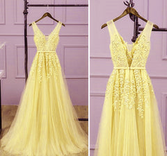 Light Yellow Tulle Long Party Dress, A-line Prom Dress Evening Gowns