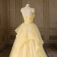 Light Yellow Tulle Long Party Dress Yellow Tulle Prom Dress prom dresses shops