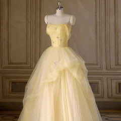 Light Yellow Tulle Long Party Dress Yellow Tulle Prom Dress prom dresses shops