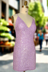 Lilac Homecoming Dresses Sheath/Column Ruched V-neck Sleeveless Short/Mini Dresses