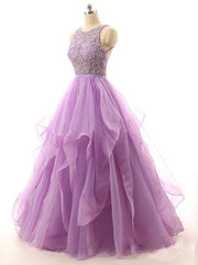 Lilac Lace Beaded Long Organza Quinceanera Ball Gowns