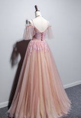 Pink V-Neck Lace Long Prom Dresses, A-Line Evening Dresses