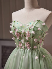 Green Tulle Beaded Party Dress, Green Short Prom Dress with Flowers