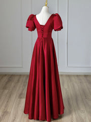 Burgundy V-Neck Satin Long Prom Dress, Burgundy Formal Evening Dress