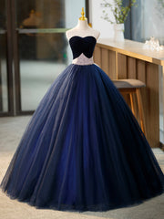 Blue Tulle Long Formal Dress with Velvet, Blue Sweetheart Neck Prom Dress