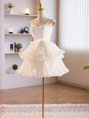 White Tulle Sweetheart Short Prom Dress, White Tulle Straps Party Dress