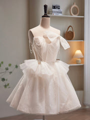 Champagne Spaghetti Strap Tulle Short Prom Dress, Cute A-Line Homecoming Dress