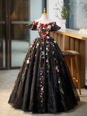 Black Tulle Long Prom Dress with Lace Flowers, Beautiful Off Shoulder Evening Gown