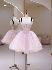 Pink Tulle Sequins Sweetheart Short Prom Dress, Pink Straps Party Dress