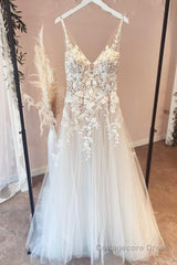 Long A-Line Appliques Lace Spaghetti Straps Sweetheart Tulle Wedding Dresses