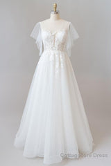 Long A-line Appliques Lace Tulle Wedding Dress with Sleeves