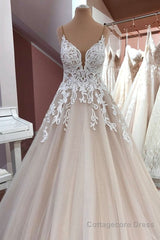 Long A-Line Sequin Tulle Spaghetti Straps Appliques Lace Wedding Dress