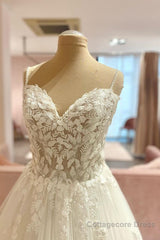 Long A-Line Spaghetti Straps Sweetheart Floral Lace Tulle Wedding Dress