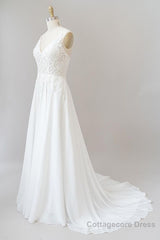 Long A-line Sweetheart Spaghetti Strap Appliques Chiffon Wedding Dress