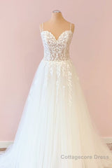 Long A-Line Sweetheart Tulle Appliques Lace Wedding Dress