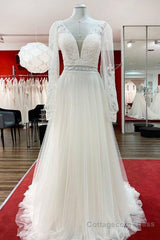 Long A-line Sweetheart Tulle Beadings Lace Appliques Wedding Dresses With Sleeves