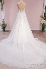 Long A-Line Tulle Backless Appliques Lace Sweetheart Wedding Dress