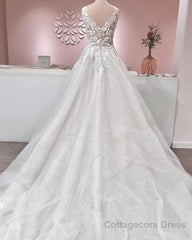 Long A-line V-neck Appliques Lace Backless Tulle Ruffles Wedding Dress