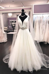 Long A-line V Neck Satin Tulle Wedding Dress