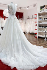 Long A-line V-neck Tulle Lace White Ruffles Wedding Dresses