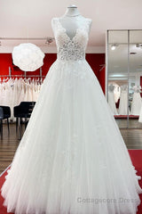 Long A-line V-neck Tulle Lace White Ruffles Wedding Dresses