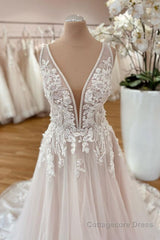 Long A-Line Wide Straps Tulle  Floral Lace Wedding Dress