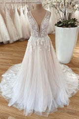 Long A-Line Wide Straps Tulle  Floral Lace Wedding Dress