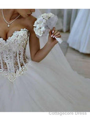 Long Ball Gown Strapless Lace Tulle Wedding Dresses