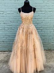 Long Champagne Lace Prom Dresses, Champagne Lace Formal Graduation Dresses