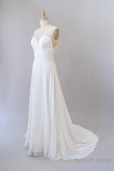 Long Empire A-line V-neck Lace Chiffon Open Back Wedding Dress