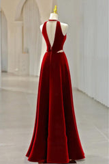 Long Halter V Neck Velvet Burgundy Evening Dress with Beading