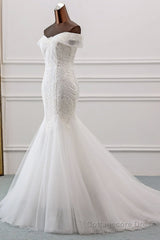 Long Mermaid Off the Shoulder Appliques Lace Tulle Wedding Dress