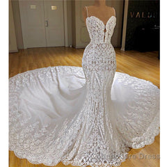 Long Mermaid Spaghetti Straps Appliques Lace Wedding Dress With Cathedral Train