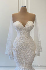 Long Mermaid Sweetheart Strapless Pearls Beadings Lace Wedding Dress with Sleeves