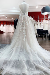 Long Princess Tulle V Neck Sequins Lace Appliques Wedding Dress