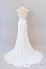 Long Sheath  Illusion Lace Wedding Dress with Cap Sleeve