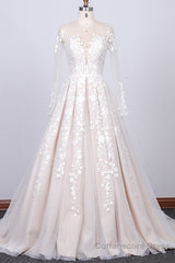 Long Sleeve Appliques Lace Tulle A-line Wedding Dress