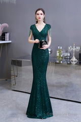 Long Sleeve V Neck Lace Prom Dresses Thin Cap Sleeve