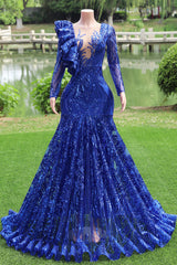 Long Sleeves Royal Blue Prom Dresses Sequin Mermaid Long Formal Dresses